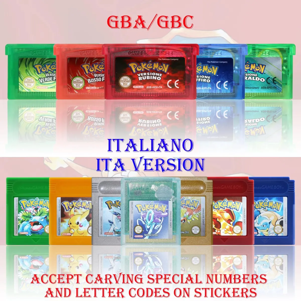 GBA/GBC ITA Version Pokemon Rubino/Zaffiro/Smeraldo/Cristallo/Verde Game Cartridge Video Game Card High Quality with Battery — image 1