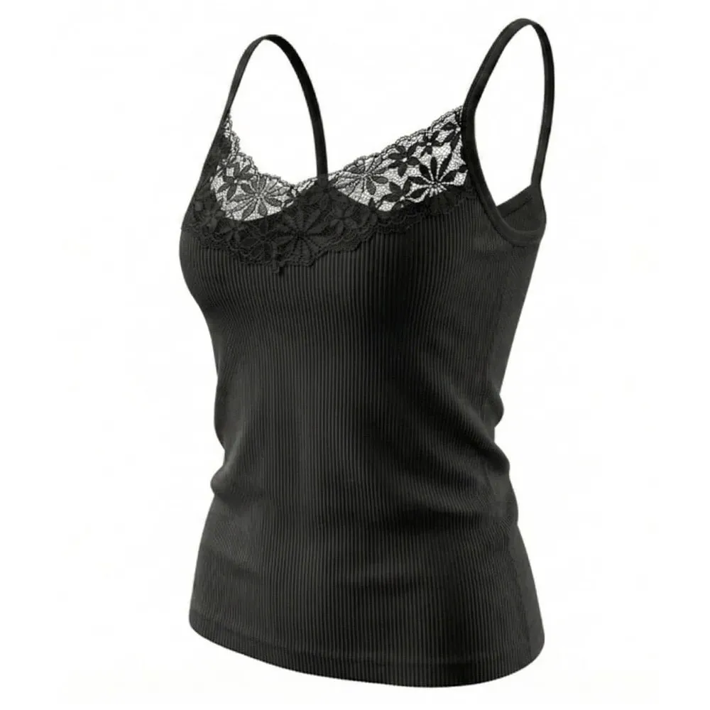 Solid Color Lace Tank Tops Ribbed Texture V Neck Design Ribbed Camisole Y2k Style Elastic Fabric Elastic Tank Tops For Women — image 6