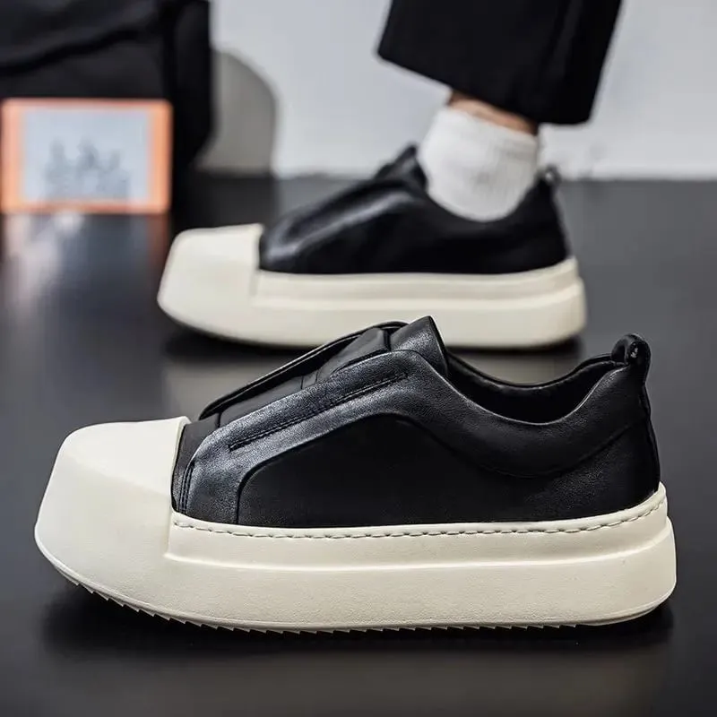 Retro Brown PU Leather Men's Shoes Lightweight Platform Elastic Band Casual Sneakers Fashion Street Walking Shoes High Quality — image 7