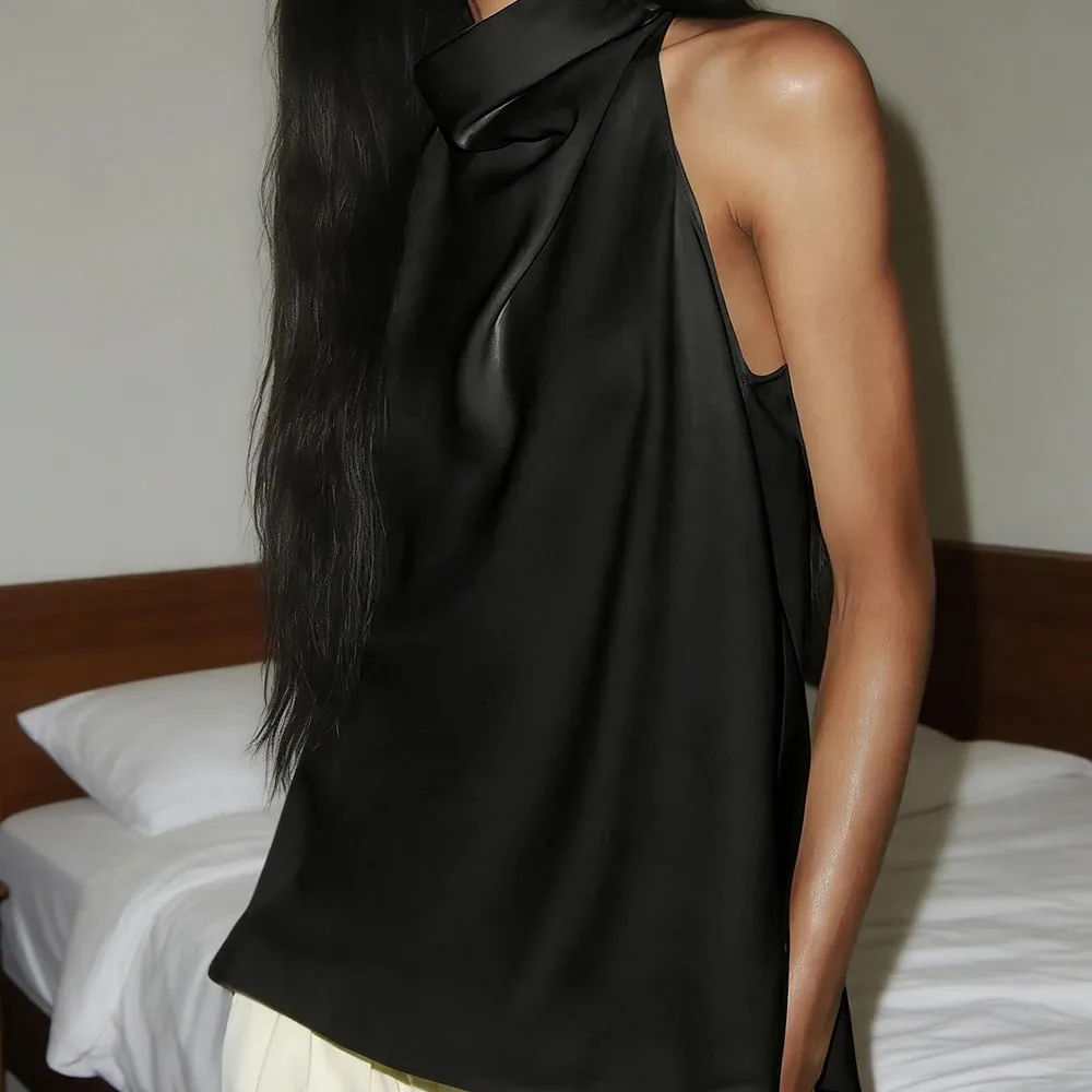 Women Summer Coquette Backless Halter Crop Tops Solid Satin Slip Tank Top Casual Office Ladies Off Shoulder Evening Party Vests
