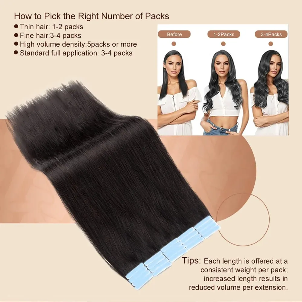 Straight Tape In Human Hair Extensions 16-26 inches 100% Natural Real Invisible Adhesive Tape ins For Women — image 4