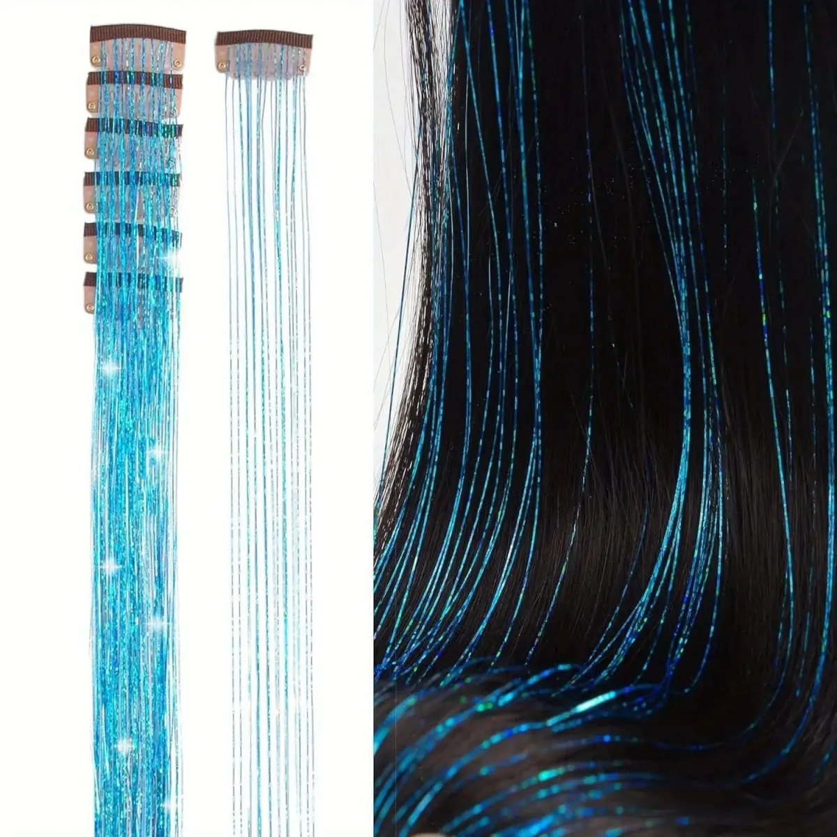 6Pcs Synthetic Hair Tinsel Clip in 19.6Inch Glitter Tinsel Hair Clip in Hair Tinsel Kit Heat Resistant Shiny Sparkle Fairy Hair — image 10