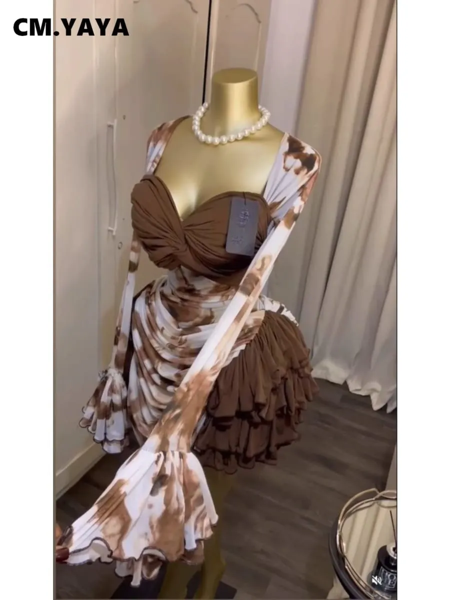 CM.YAYA Wanita Tie Dye Print Cascading Ruffles Bell Lengan Panjang Bodycon Ruched Draped V-neck Dress Pakaian Percutian Pantai