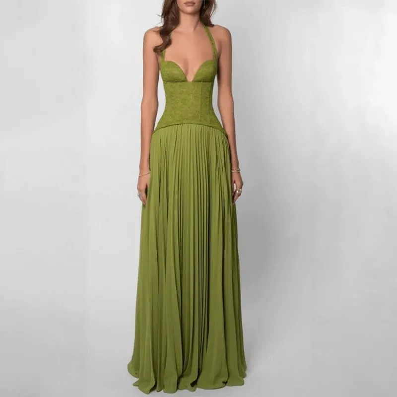 Green Fishbone Corset Halter Maxi Dress Women Backless Off Shoulder Pleated Patchwork Slim Dresses Lady Christmas Party Gown New — image 2