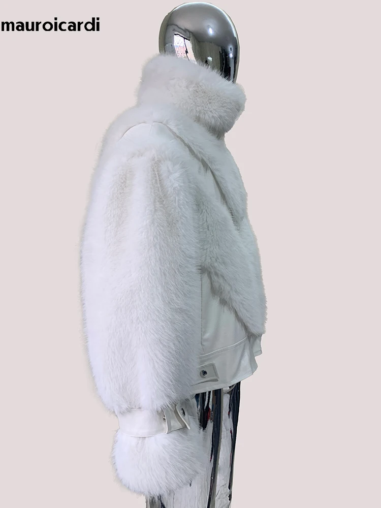 Mauroicardi Autumn Winter Short Thick Warm White Pu Leather Patchwork Faux Fur Coat Men Stand Collar Zip Up Fluffy Jacket 2025 — image 1