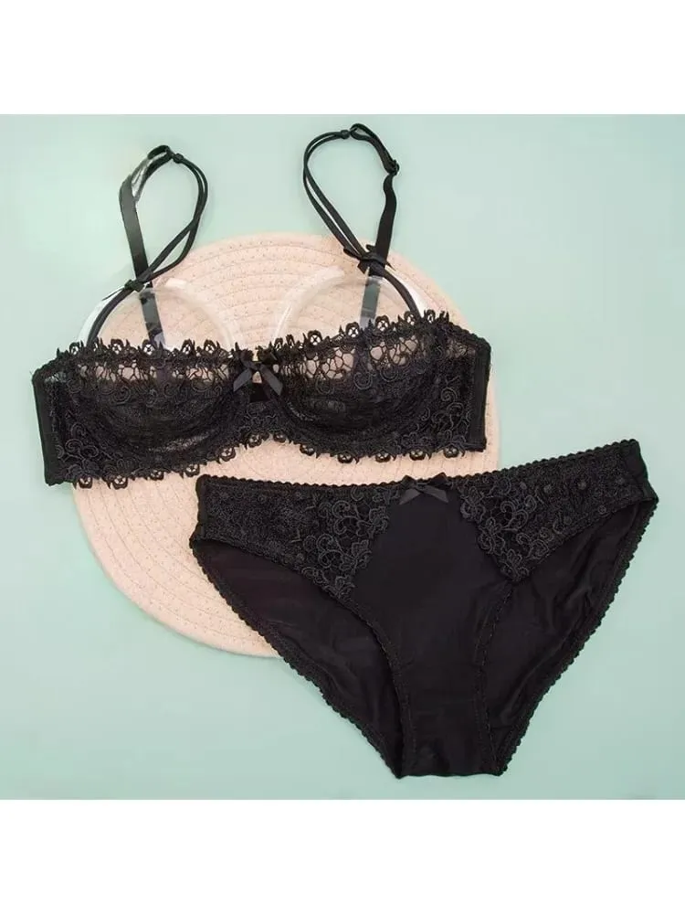 Sexy Lace Bra Set Women Plus Size Sheer Half Cup Push Up Lingerie Ultra Thin Transparent Concealed Nipple Underwear Hot — image 2