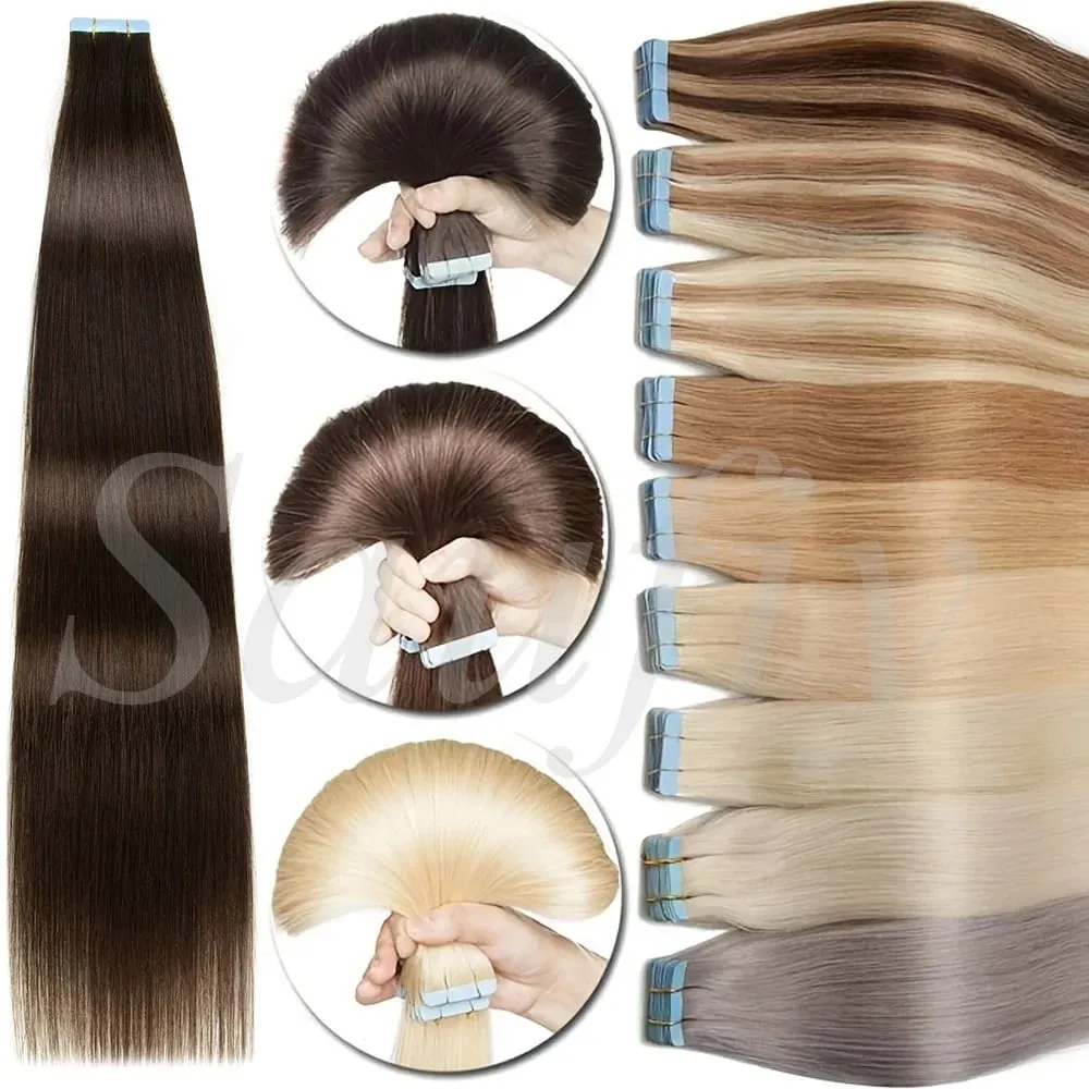 Blonde Straight Tape In Hair Extensions Human Hair 20pcs/Pack Straight Natural Black Blonde Brown Tape Ins Hair Extensions 12-20inches Seamless Double Side Skin Weft Tape In Hair Extensions For Women — image 2