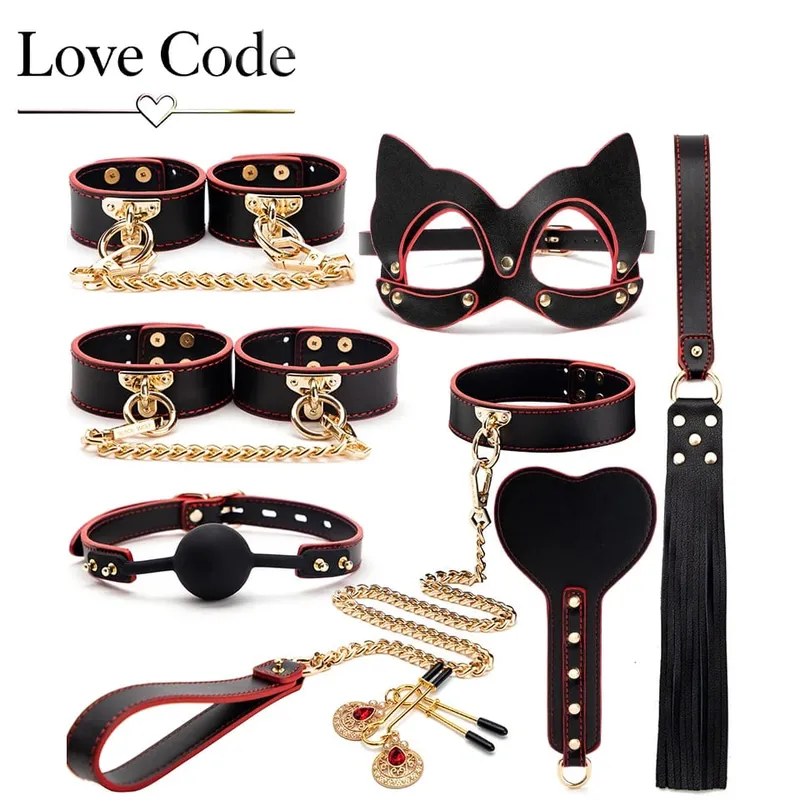 Genuine Leather BDSM Bondage Kits Sex Toys for Couples Handcuff Ankle Cuffs Collar Gag Hogtie Restraints SM Set Adult Love Games — image 8