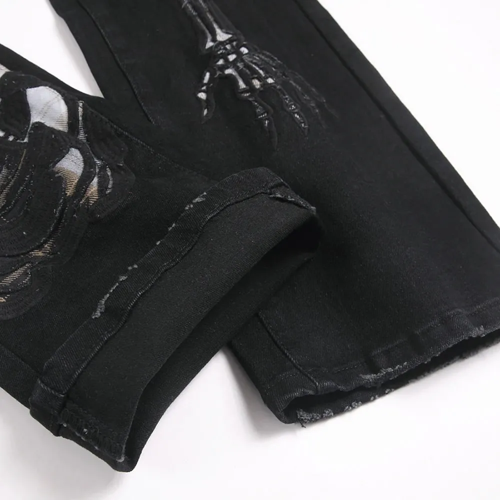 Men Skull Stretch Denim Jeans Punk Black Slim Boot Cut Pants Streetwear Devil Embroidery Patch Flared Trousers