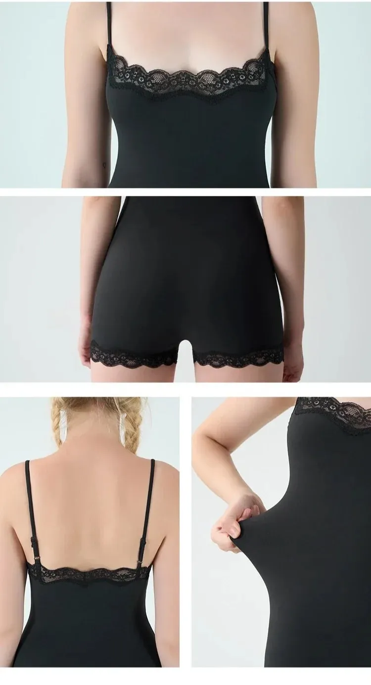 Square Neck Spaghetti Strap Bodysuits Lace Trim Women Sleeveless Slimming Bodycon Jumpsuit Romper — image 10