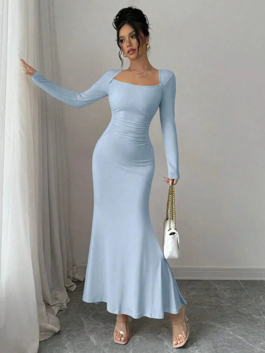 Women's Four Seasons New Style Women's Elegant Temperament Retro Solid Color Square Collar Long Sleeve Dress — image 2