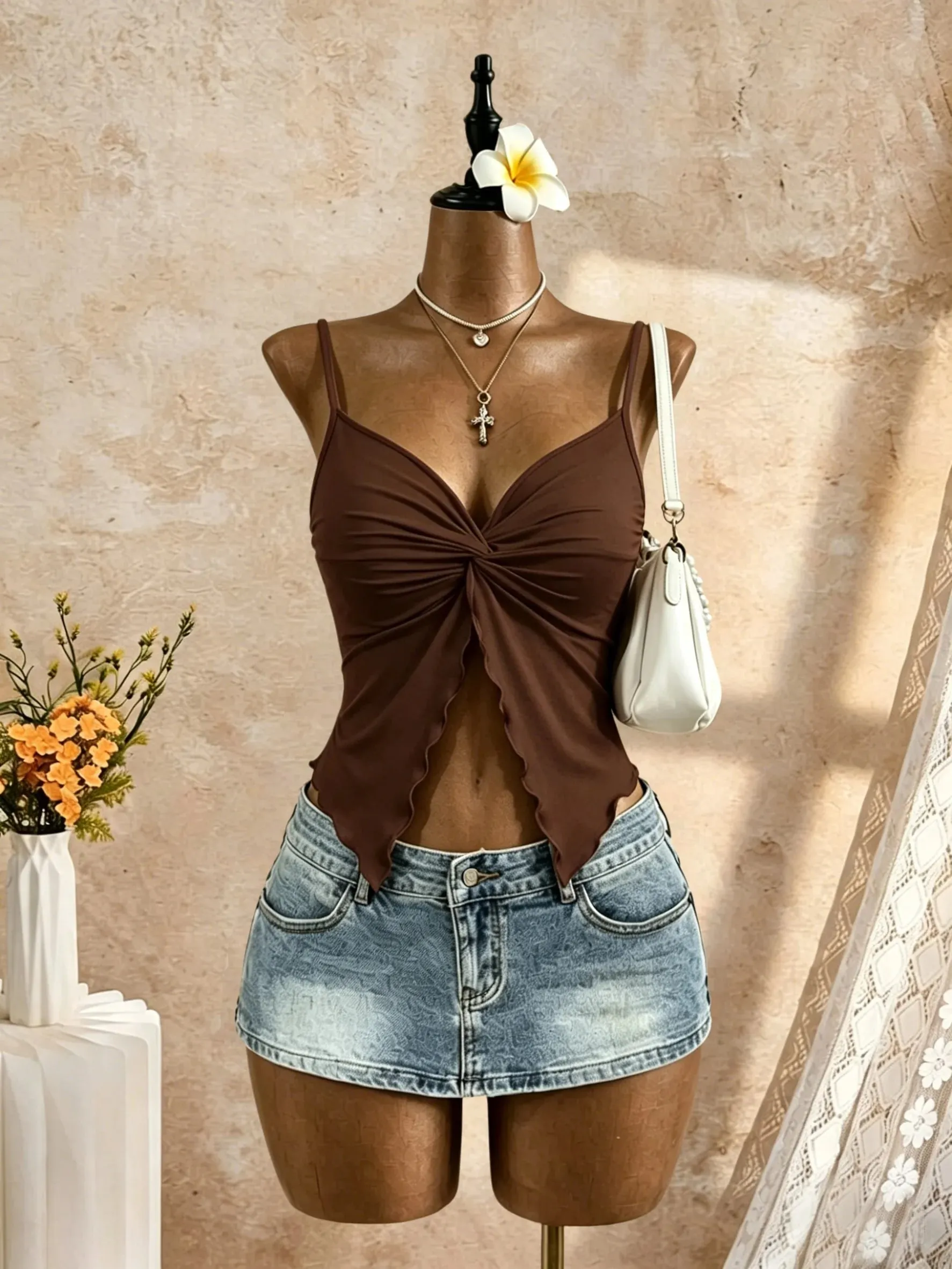 Women Spaghetti Strap V Neck Twist Front Cut Out Ruffle Irregular Hem Slim Fit Crop Cami Top 2026 Summer Y2K Solid White Sleevel — image 14