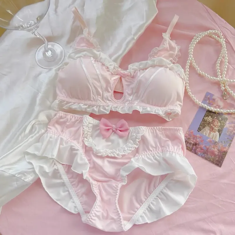 Cute Japanese Rabbit Ear Bra Panties Set Wireless Thin Triangle Brassiere For Small Flat Breast Breathable Daily Underwear S-XL — image 11