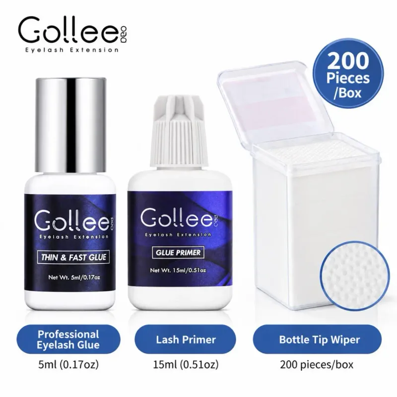 Gollee Eyelash Extension Glue Kit Lash Primer 3-in-1 Thin Fast Drying 5ml Glue 15ml Primer 200pcs Wipes Lash Tech Salon Set