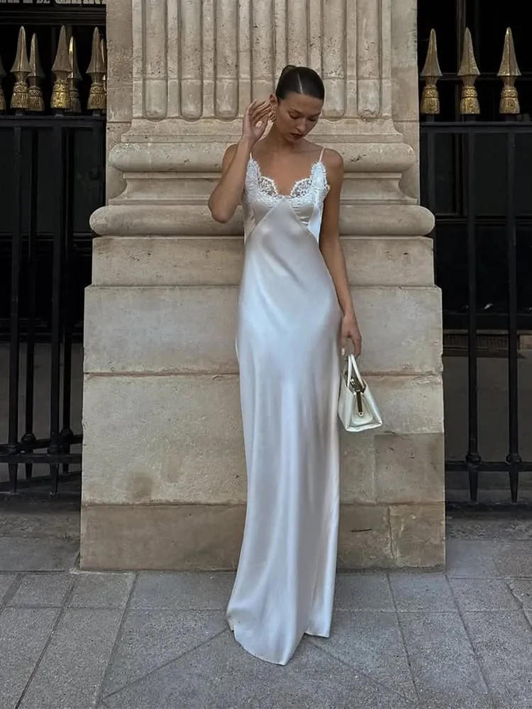 Lace Patchwork Sling Women's Dress Sexy Solid V-neck Sleeveless Backless Stain Female Maxi Dress 2026 Elegant Summer Party Gowns — image 1