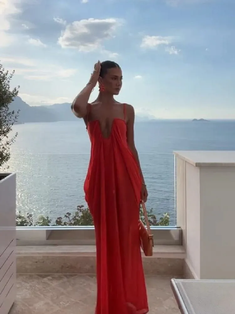 Vibrant Holiday Flowy Maxi Dress Deep U Chic Bohemian Chiffon Loose Fit Women Dresses Beach Vacation Summer Party Outfit — image 4