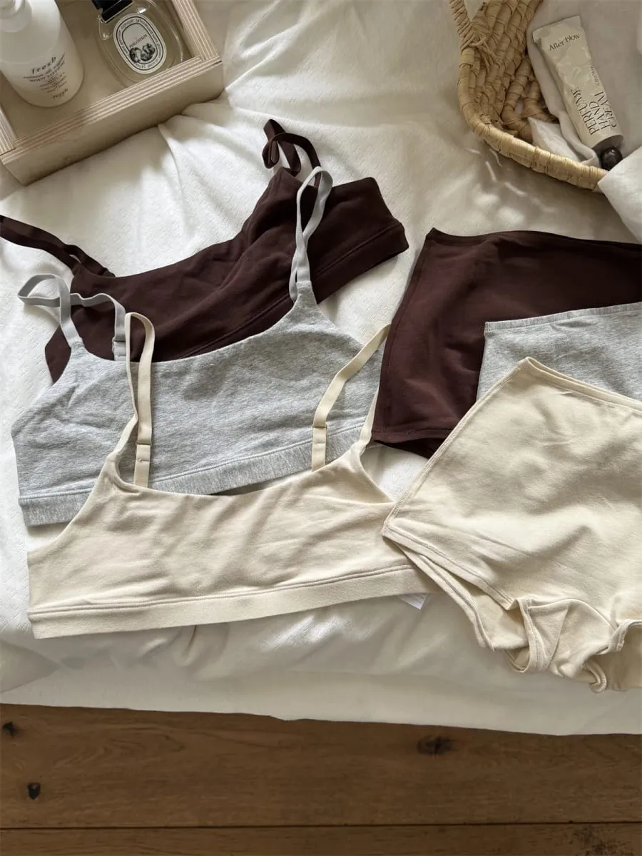 Solid Cotton Sport Set Woman Adjusted-strap Seamless Bras+Low Waist Boxer Briefs Casual Simple High Elasticity Lingerie Sets — image 2
