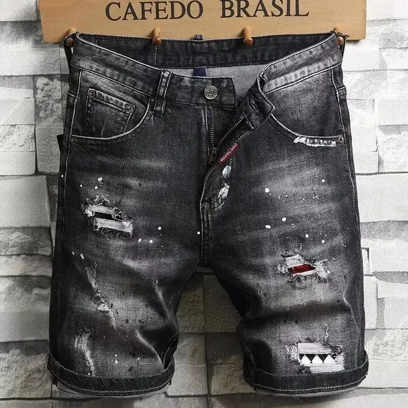 2025 Denim Shorts Men's Summer Trend Brand Printed Embroidered Trend Slim-Fit Casual Elastic Black Trousers Man Jeans Pants