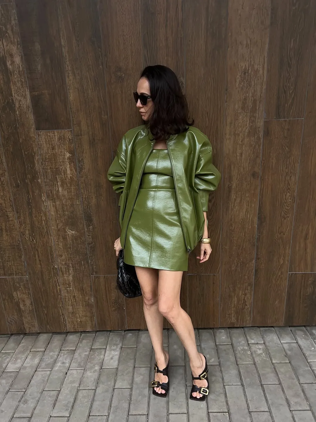 Vintage Green Leather Skirt Sets Women Fashion Solid Strapless Short Skirts Zipper Jacket Outfits Lady Daily Highstreet Outfit — image 6