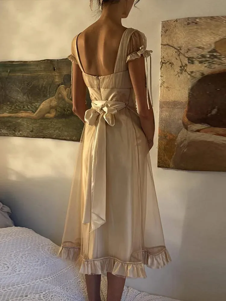 Vintage Chic Women Dress Deep V Neck Mesh Spliced Satin Tie Strap Back Bow Ruffle Hem Midi Dresses 2026 Summer Party Guest Gown — image 6