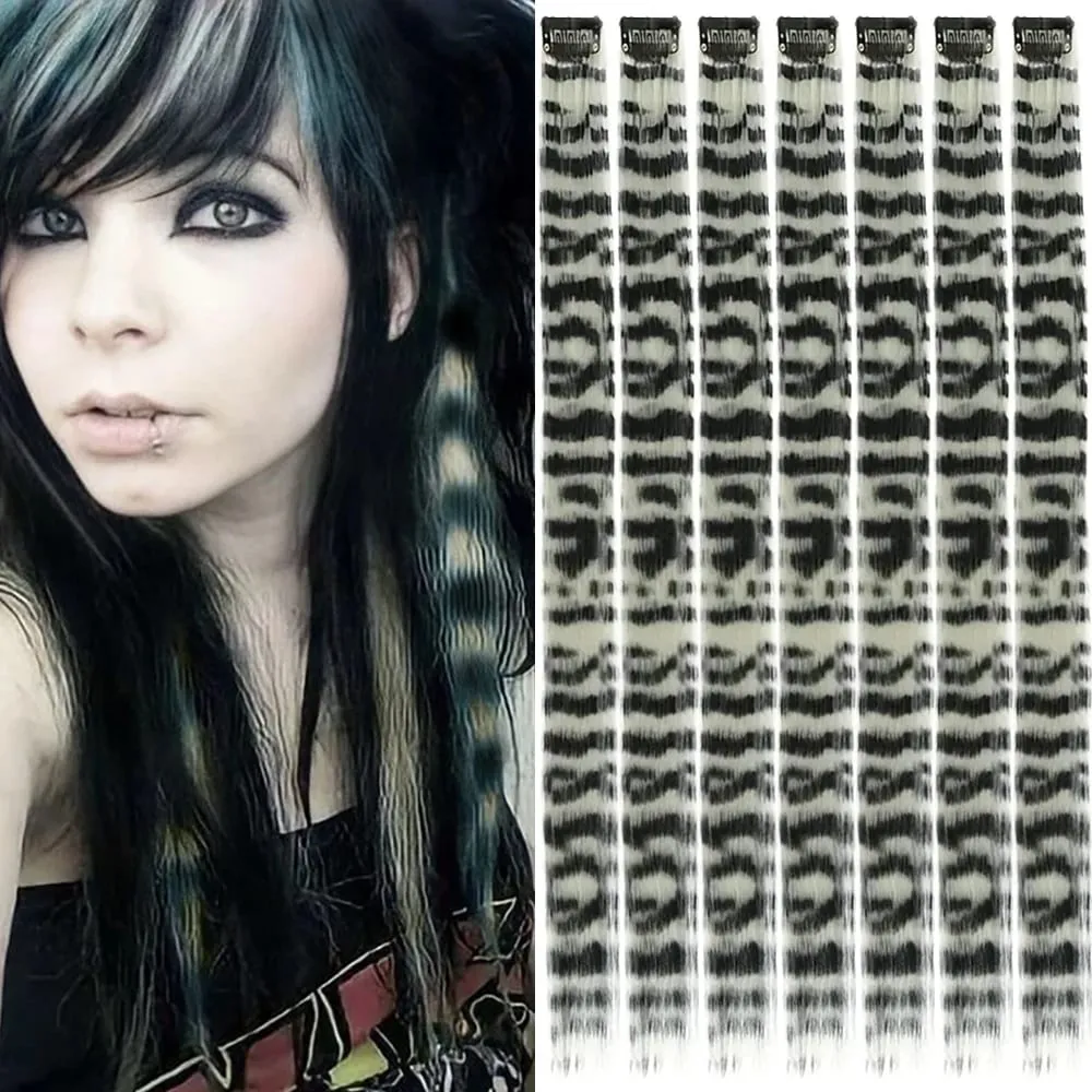 18' 7 Pcs Rainbow Long Straight Zebra Print Synthetic Feather Clip in Hair Extensions for Women Ideal Halloween Christmas