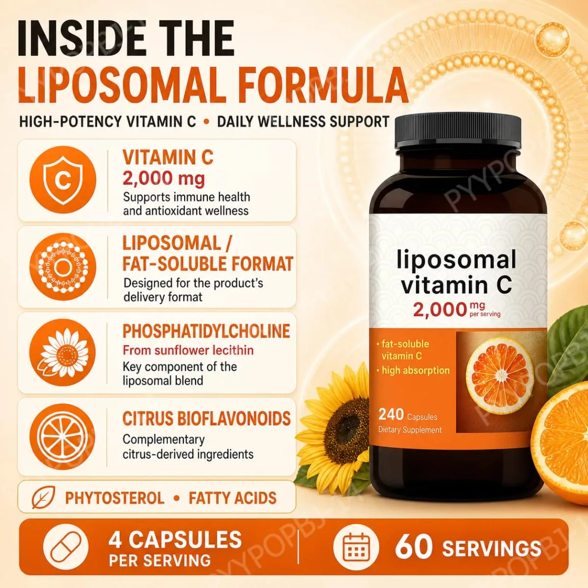 Liposomal Vitamin C 2000mg High Absorption Fat-Soluble 240 Capsules 60 Servings Non-GMO Gluten Free — image 4