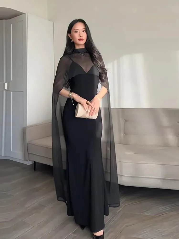 Sheer Cape Women's Evening Dresses Elegant Slim V-neck Backless Sleeveless Hip Package Dress For Woman 2026 Lady Party Vestidos
