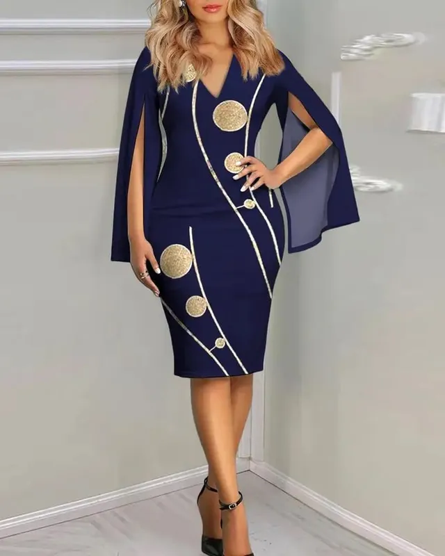 Women's Sunflower Print Midi Dress - Sexy V-Neck Bodycon Dress with Cape Sleeves for Summer Party — image 2