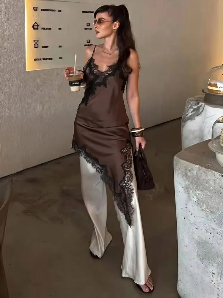 HH 2026 Female Summer Fashion Solid Lace Splicing V Neck Dresses Satin Asymmetry Hem Sexy Backless Slim Mini Dress For Party