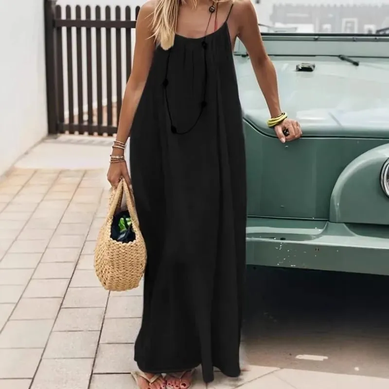 2026 Solid Color Vacation Cool Homewear Loose-Fit Spaghetti Strap Dress Women's Casual Homewear Summer Dress — image 3