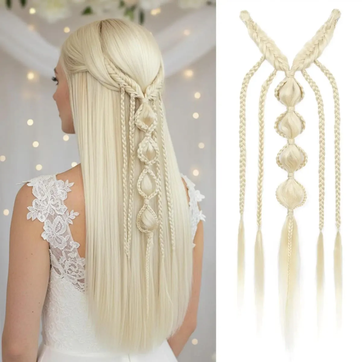 Synthetic Clip in Braid Hair Extensions - Boho Festival Princess Braid Hair Extension Fairy Cosplay Wedding Hairpiece for Women — image 10