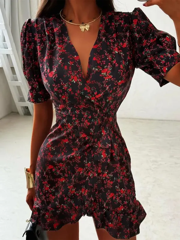 Deep V-neck Slim Short Dress Lady Casual Floral Print Long Puff Sleeve Ruched Hem Bodycon Dresses Women Party Vacation Gown — image 4