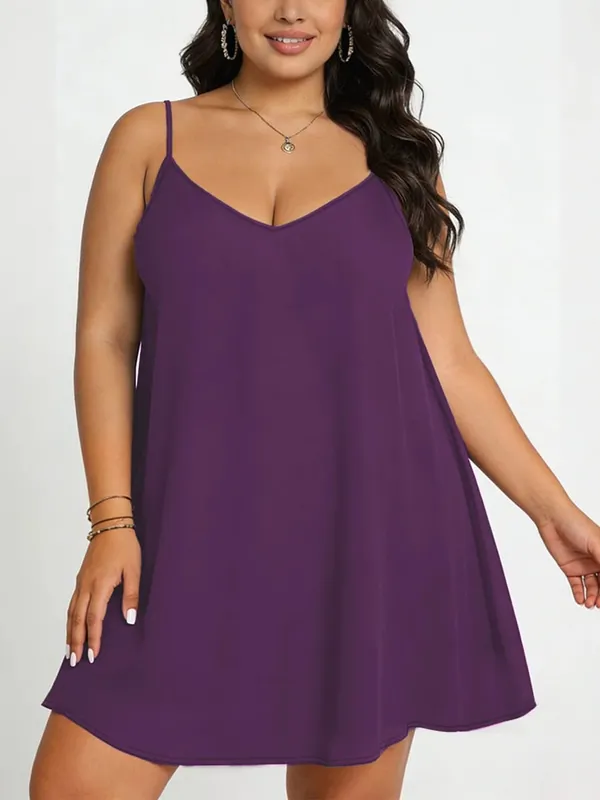 Pure Color V-Neck Asymmetric Hem Plus Size Knit Spaghetti Strap Maxi Dress Soft Comfort Effortless Chic Casual All Season Lightweight Solid Flowy Sleeveless Long Dress For Curvy Women