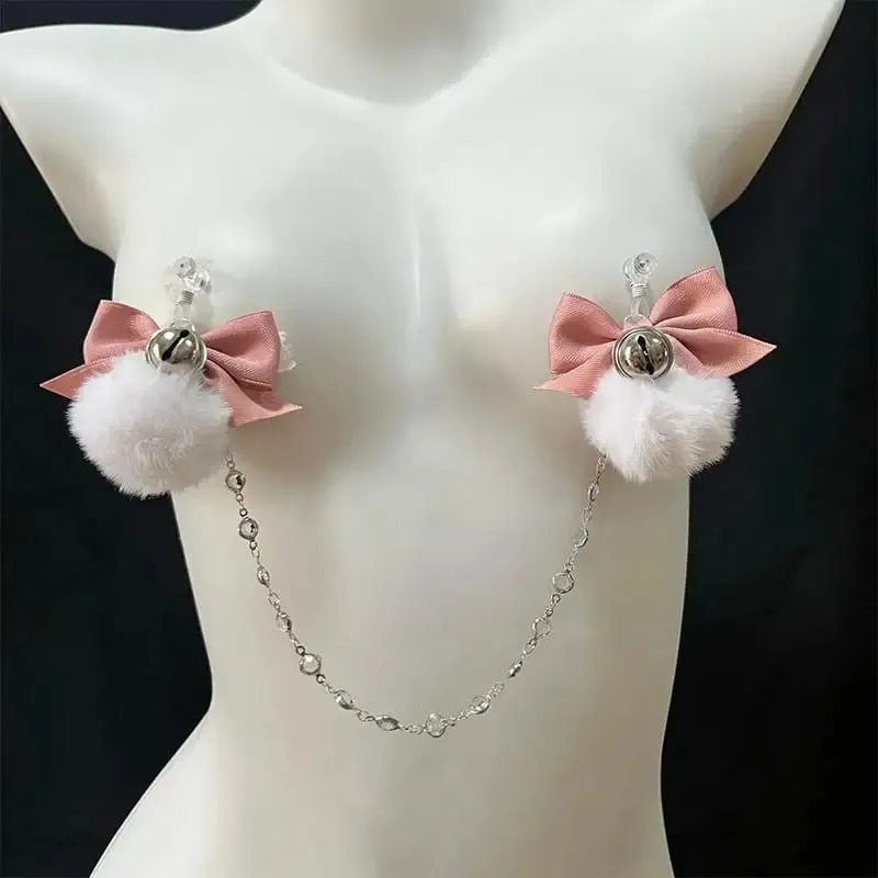 Fuzzy Bow Nipple Clips Bell Collar Body Chain Pink Breast Restraints BDSM Adult Sex Toys For Women