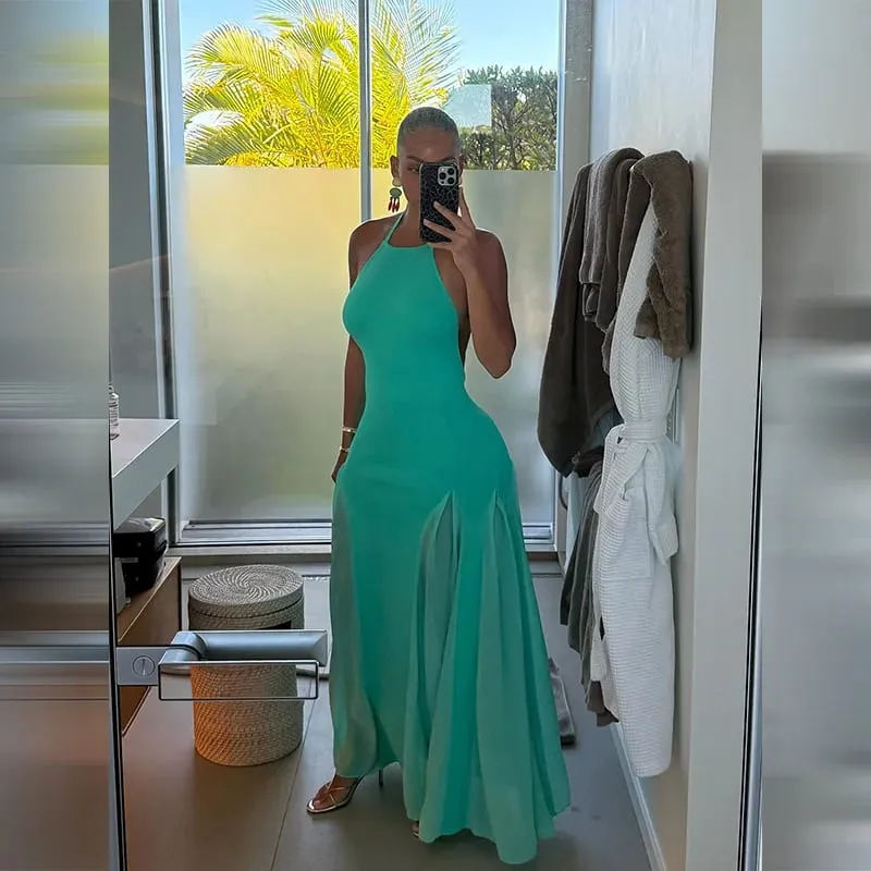 Women's Halter Neck Open Back Maxi Dress Ribbed Knit Top Flowy Chiffon Hem Bodycon Female Summer Evening Vacation Party Dress — image 1