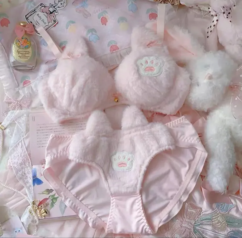 Cute Cat Paw Plush Lingerie Set for Women Warm Winter Bra & Panty with Ears Comfortable Kawaii Underwear — image 15