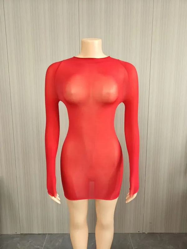Oil Shiny Seamless Body Stockings Bodycon Mini Dress Women See Through O Neck Long Sleeve High Stretch Silky Glossy Clubwear — image 10