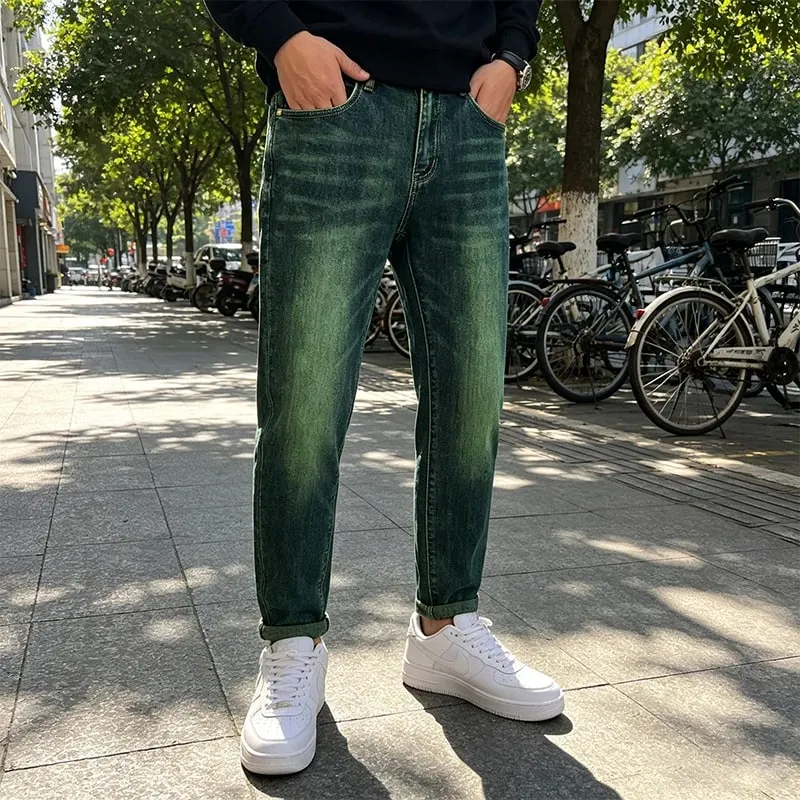 Men's Green Water Ghost Jeans Slim Fit Small Feet High Quality Gradient Color Daily Casual Youth Suitable for All Seasons — image 4