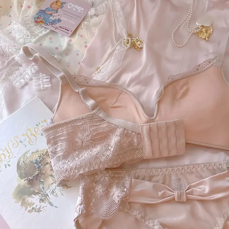 粉紅公主加厚小胸大內褲女聚攏莫代爾乳膠內衣內褲套裝蝴蝶結無鋼圈胸罩套裝 — image 5