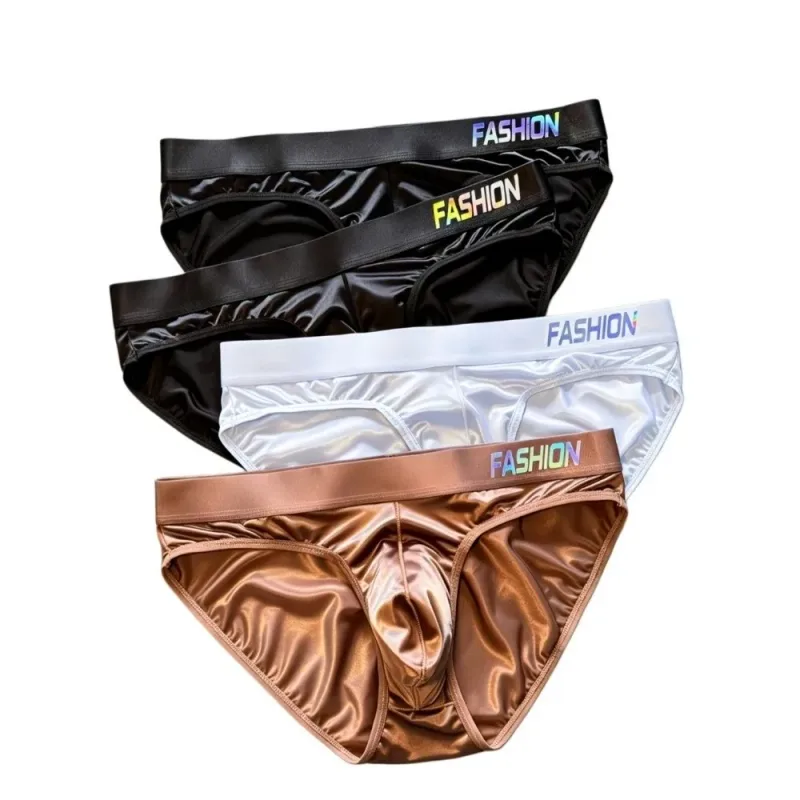 Underwear Men's Triangle Panties Low Waist Ultra Smooth Satin Silky Briefs Lingerie Gradient Letter Glossy Underpants Large Size — image 5