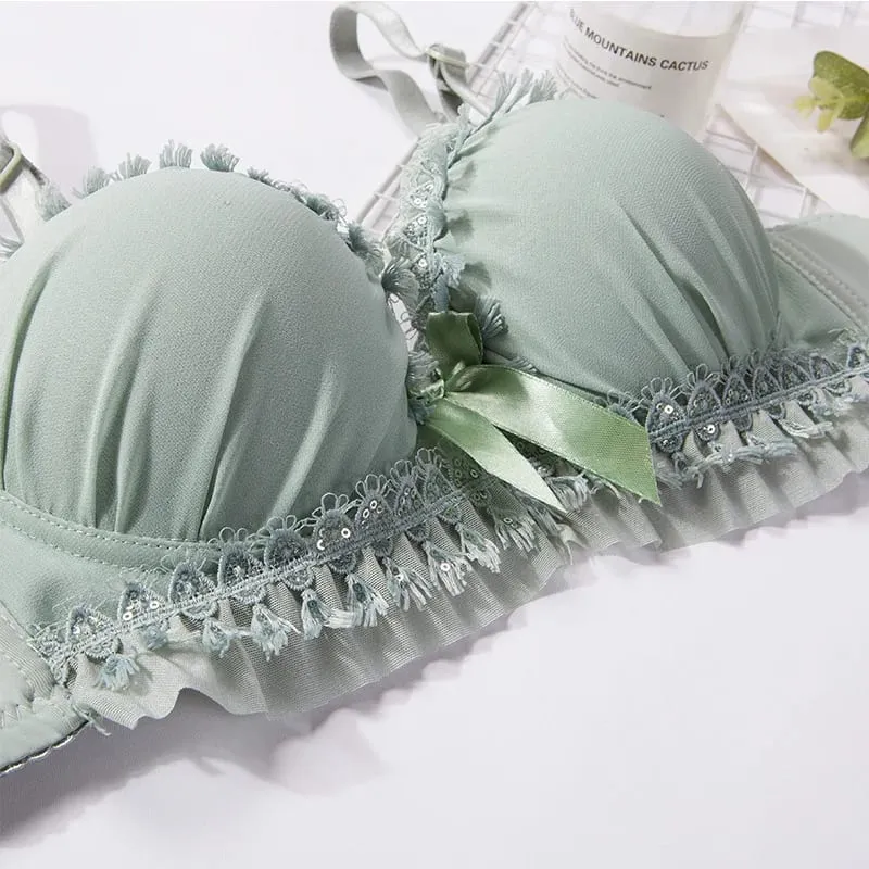 Women Lingerie Set Soft Memory Wire Ruffle Lace Bow Decor Intimate Underwear Suit No Pads Thin Breathable Adjustable Straps — image 2