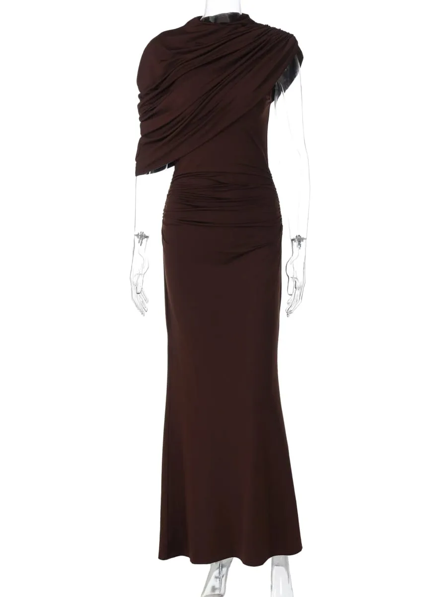 Hugcitar Women Fashion Turleneck Solid Short Sleeve Irregular Sexy Ruched Maxi Prom Dress Summer Clothes Evening Party Birthday — image 6
