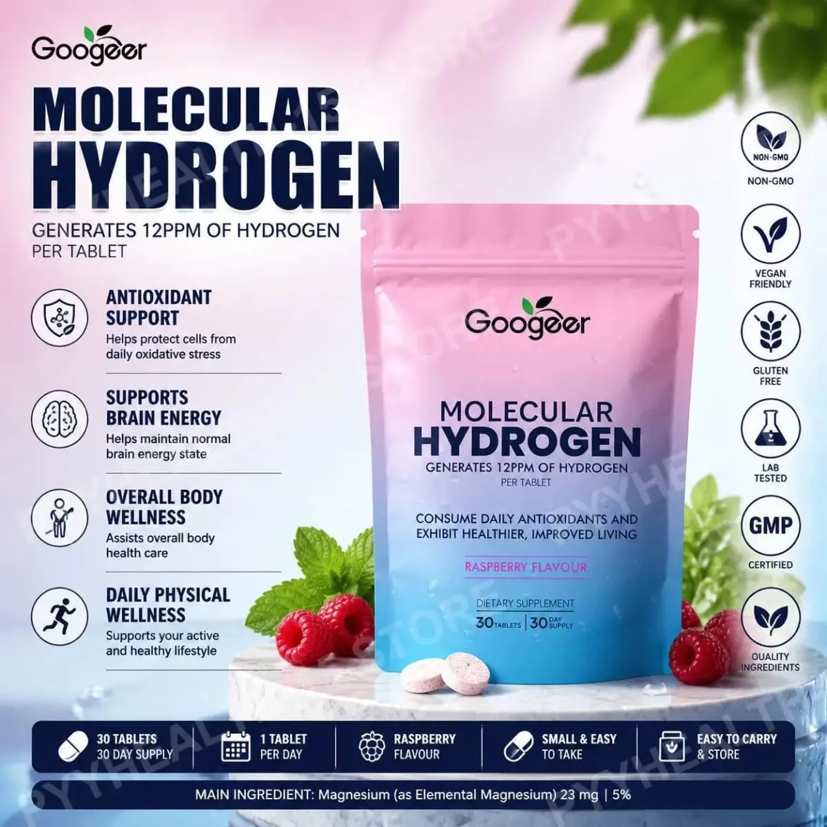 Molecular Hydrogen Water Tablets 12 PPM with Magnesium Raspberry Flavor Daily Wellness and Antioxidant Support 30 Tablets — image 2