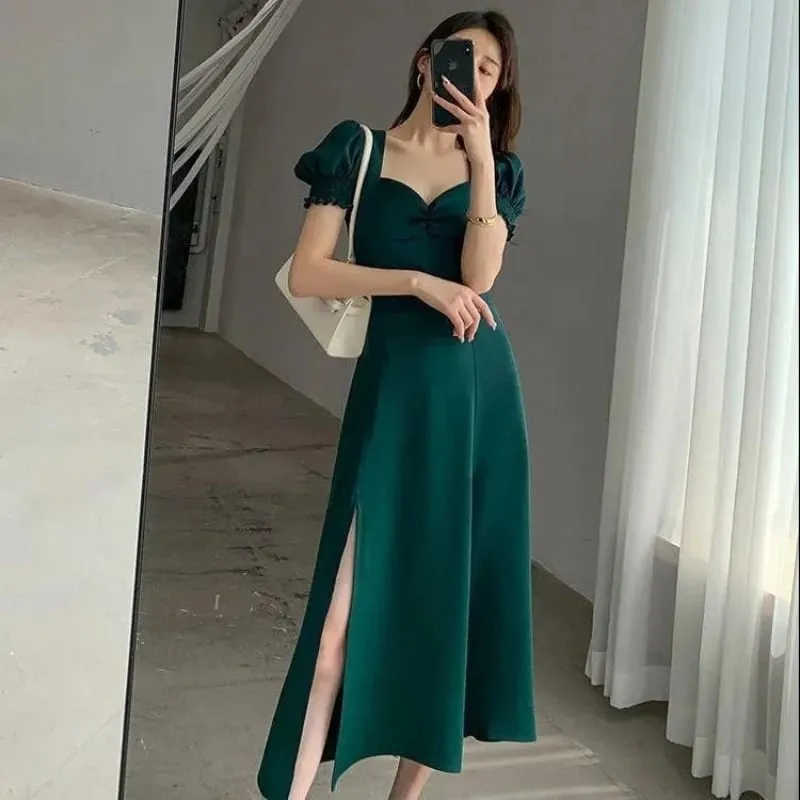 Solido Puff a maniche corte Elegante vestito con lo spacco Nuove donne di moda Scollo a V Abiti completi Donna Vita alta Slim Abiti da sera