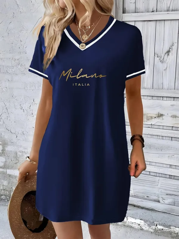 Fashionable Printed American Casual Style Color-Blocked V-Neck Short-Sleeve Long Top Loose Fit Casual and Slimming T-Shirt Dress Suitable for Spring and Summer Commuting and Home Wear Women's Clothing — image 4