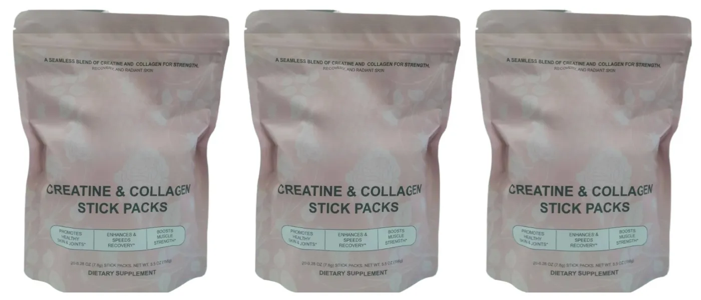 Creatine & Collagen Powder Stick Packs Supports Strength Recovery & Skin Health – Daily Nutrition Supplement 20Servings Per Bag