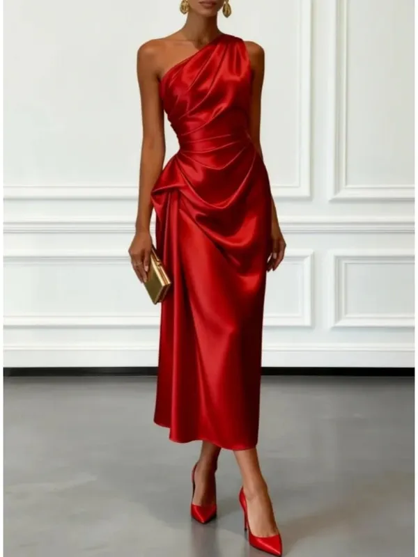Elegant One Shoulder Satin Ruched Midi Dress for Formal Evening Cocktail Party — image 4