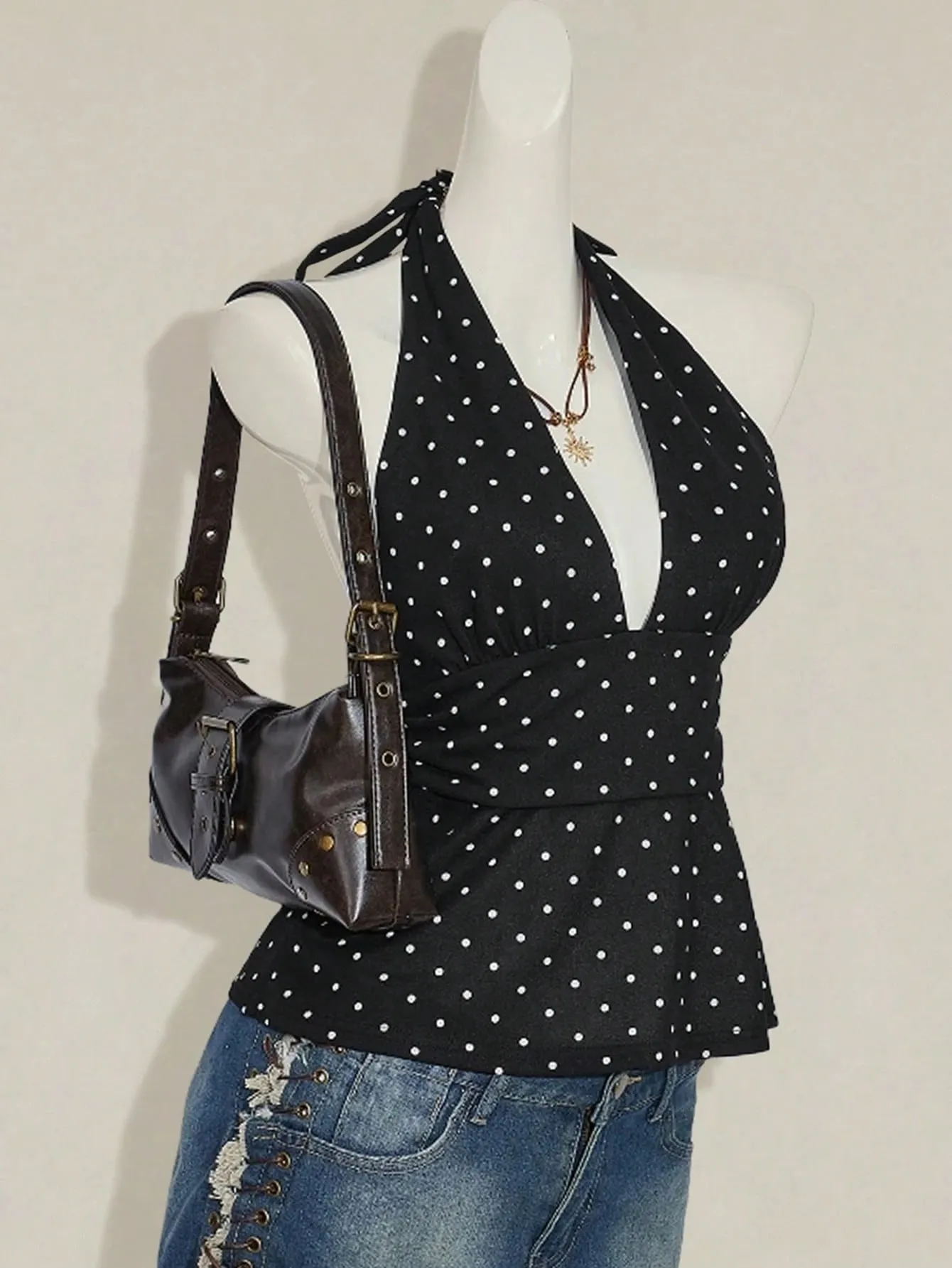 Ladies Polka Dot Backless Strap Top with Waist Pleating Design Adjustable Neck Strap Backless Strap Ladies Shirt — image 4
