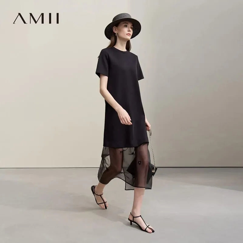Amii Long Dresses 2026 Autumn New Round Neck Short Sleeve Patchwork Women's Dress Removable Organza Elegant Dress Women 12651024 — image 2