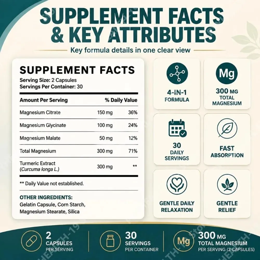 TriMagnes Complesso di magnesio 4 in 1 Capsule da 300 mg con citrato glicinato malato curcuma per il comfort dei nervi Rilassamento muscolare 60 Ct — image 3